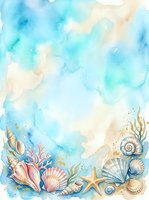 Watercolor ocean border frame with seashells, starfish, and coral in soft blue and sandy tones, perfect for summer cards and invitations.