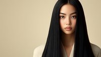 Young Asian woman with long straight black hair and natural makeup against beige background, wearing neutral toned clothing for beauty and fashion advertising.