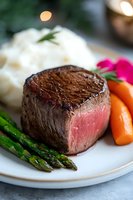 Juicy medium-rare filet mignon steak served with mashed potatoes, grilled asparagus, and glazed carrots on white plate. Gourmet restaurant presentation with soft lighting.