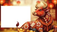 Ornate decorative bull with floral patterns and golden horns beside blank white frame on warm bokeh background for Chinese New Year celebrations.