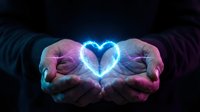 Cupped hands holding glowing blue heart light against dark background symbolizing love, care, protection and healing energy for wellness concepts.
