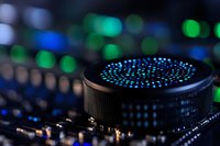 Glowing blue LED lights on electronic circuit board with bokeh background creates futuristic technology mood for business and innovation concepts.