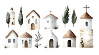 Watercolor set of small white churches and chapels with cypress trees, rustic architecture elements in minimalist style on white background, isolated design elements.