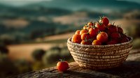 Fresh ripe red tomatoes in wicker basket on wooden table with blurred countryside landscape background for organic farming and healthy food concepts.