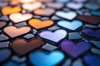 Colorful heart shapes in rows creating romantic pattern with orange, blue, and purple tones. Soft focus macro photography highlights texture and depth.