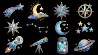 Celestial clipart set with stars, moon, rocket, telescope, planet, and constellation, isolated on transparent background. Ready for stickers, t-shirt design, and print on demand.