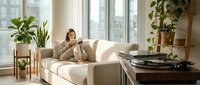 Young woman relaxing on beige sofa in modern living room with large windows and green houseplants creating cozy home atmosphere for lifestyle content.