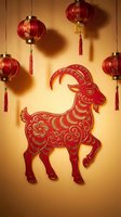 Red paper cut goat zodiac symbol with traditional Chinese lanterns on golden background for lunar new year celebration and festival decorations.