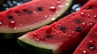 Fresh watermelon slices with water droplets on dark background, macro shot showing juicy red flesh and black seeds in dramatic lighting.