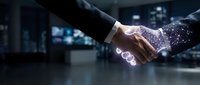 Business handshake with digital network overlay representing partnership, technology integration and corporate collaboration in modern office.