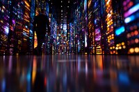 Vibrant night cityscape with colorful neon lights reflecting on wet street surface, creating futuristic urban atmosphere with glowing skyscrapers and bokeh effect.