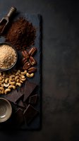Dark chocolate pieces with cocoa powder, cashews and pecans arranged on slate board with copy space for dessert and baking concepts.