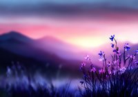 Purple wildflowers silhouetted against misty mountain landscape at sunset with dramatic pink and violet sky creating dreamy atmospheric scene.