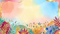 Colorful watercolor floral border with vibrant botanical elements, leaves, and decorative flowers in pink, orange, blue, and gold tones on soft gradient background for design projects.