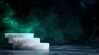 Minimalist stone steps ascending against dark background with emerald green nebula and stars in cosmic space, creating surreal atmospheric scene.