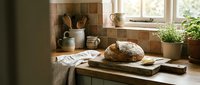 Rustic kitchen counter with fresh bread, wooden utensils, ceramic vessels, potted herbs, and natural sunlight streaming through window for home decor and culinary content.