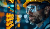 Caucasian male engineer with safety helmet and protective glasses examining electrical control panel in industrial facility.