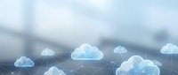 Cloud computing network with connected data storage icons floating above modern office environment for digital transformation and technology solutions.