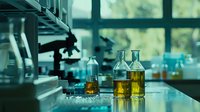 Laboratory glassware with yellow liquid samples on counter against window background, creating moody scientific atmosphere in research facility setting.