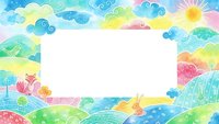 Watercolor rainbow landscape frame with sun, clouds and waves creates colorful border for text, cards, invitations and creative projects on white background.