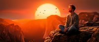 Man sitting on rocky cliff overlooking vast canyon landscape at sunset with large glowing sun and birds flying, contemplative mood for meditation and nature themes.