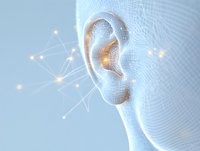 Digital wireframe ear with glowing connection points and neural network visualization on light blue background, representing artificial intelligence and biometric technology.