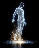 Glowing digital figure levitating with particles and light effects on black background, representing transformation and technological advancement in human form.