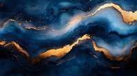 Luxurious navy and gold abstract marble pattern with flowing waves and glitter effect. Rich deep blue watercolor blends with metallic golden veins creating elegant design.