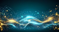 Magical glowing waves with golden and blue light effects on dark background, sparkling particles creating ethereal flowing energy pattern.