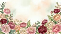 Watercolor floral frame with pink and burgundy roses, ranunculus flowers and green leaves on soft pastel background for wedding invitations and romantic designs.