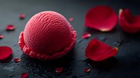 Red raspberry sorbet scoop on dark slate stone surface with scattered rose petals and water drops, dramatic moody food photography for dessert menu.
