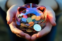 Glass piggy bank filled with coins glowing with colorful reflections held gently in cupped hands, symbolizing savings and financial security.