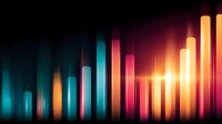 Vibrant glowing audio equalizer bars in orange, pink and turquoise colors on dark background create dynamic music visualization pattern for entertainment design.