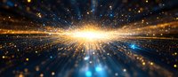 Glowing starburst explosion with golden light rays and blue sparkles on dark background, radiating energy waves in perspective view for cosmic design.