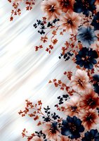 Delicate floral arrangement with navy blue and peach blossoms cascading diagonally across white silky background, creating elegant botanical composition.