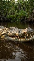 Large crocodile with open jaws showing sharp teeth in dark swamp water surrounded by dense mangrove vegetation creating dramatic wildlife scene.