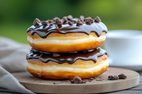 Freshly baked chocolate glazed donuts stacked on wooden board, topped with chocolate chips and drizzle, close-up view on blurred green background.