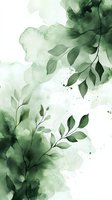 Delicate green watercolor leaves and branches on white background with soft emerald splashes and botanical elements for wedding invitations and wall art decor.