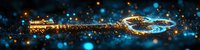 Magical glowing key with sparkles and blue bokeh lights on dark background, fantasy concept for dreams, wishes and imagination.