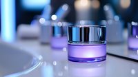 Luxurious cosmetic cream jar with purple illumination on glossy surface against blurred lights background, elegant skincare product presentation.