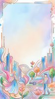 Pastel watercolor city frame with urban skyline, flowers, car, and people figures, featuring a large blank center for text or design.