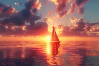 Dramatic sunset seascape with silhouette of sailing yacht against vibrant orange sky and dramatic clouds, perfect for travel, adventure and inspirational designs.