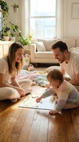 Young family with parents and toddler daughter enjoying creative playtime together on wooden floor in bright, plant-filled living room. Perfect for parenting, family bonding, and childcare content.
