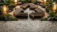 Rustic wooden cross surrounded by evergreen branches, pine cones and warm glowing lights creating peaceful Christmas holiday atmosphere for spiritual reflection.