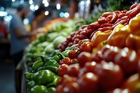Fresh colorful bell peppers and tomatoes lined up at farmers market produce stand, with soft bokeh lights in background creating atmospheric shopping scene.