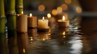 Glowing candles floating on water with bamboo stalks creating serene spa atmosphere, perfect for wellness and relaxation backgrounds.