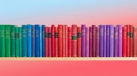 Colorful antique books arranged in a row against gradient sky backdrop, featuring green, blue, red, and purple spines for library, education, and reading-related designs.