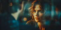Young woman with curly hair in warm lighting with bokeh background. Cinematic portrait with dramatic mood and soft focus effects for creative projects.