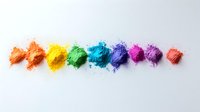 Vibrant rainbow colored powder pigments arranged in line on white background, crushed cosmetic and art materials showing spectrum of bright hues.