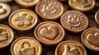 Decorative golden and bronze tokens with embossed positive symbols including hearts, flowers and smiling faces arranged in rows, creating nostalgic mood.